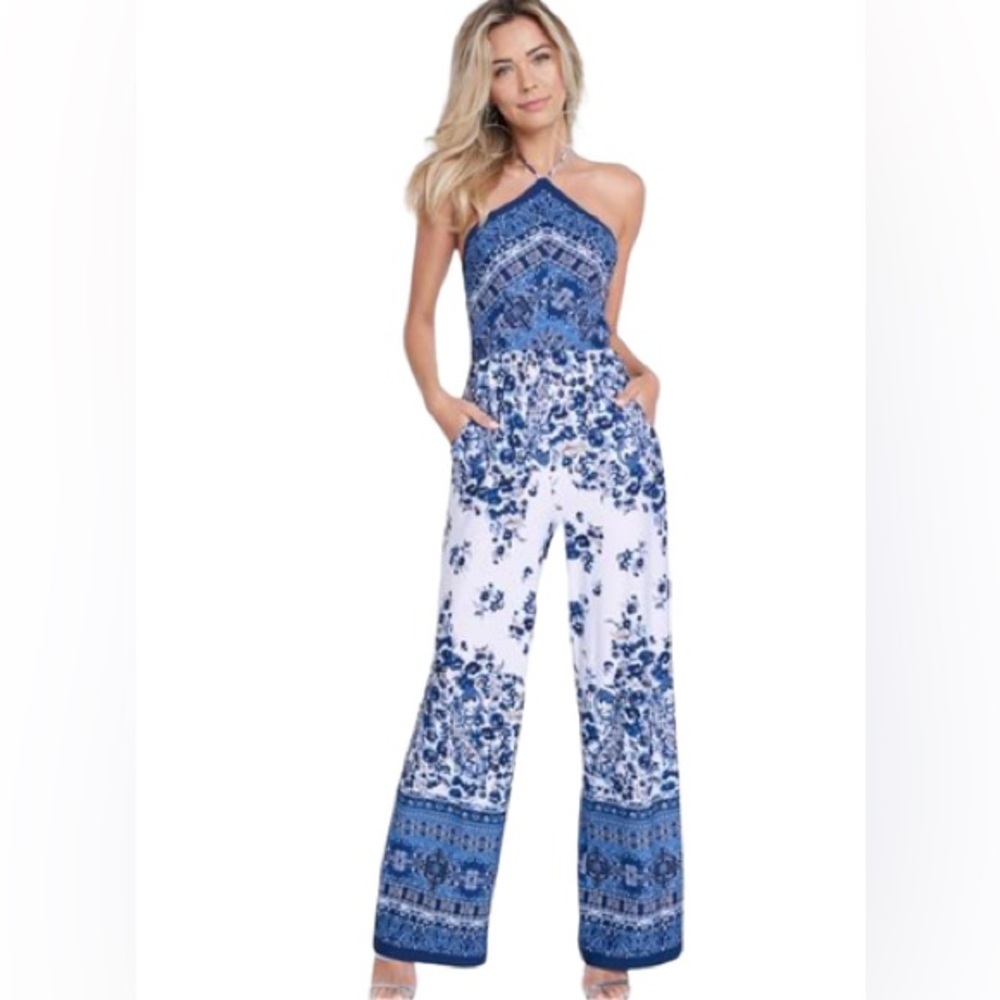 VENUS Blue and White Floral Jumpsuit 🦋💙🤍 M-L NWOT - Picture 11 of 11